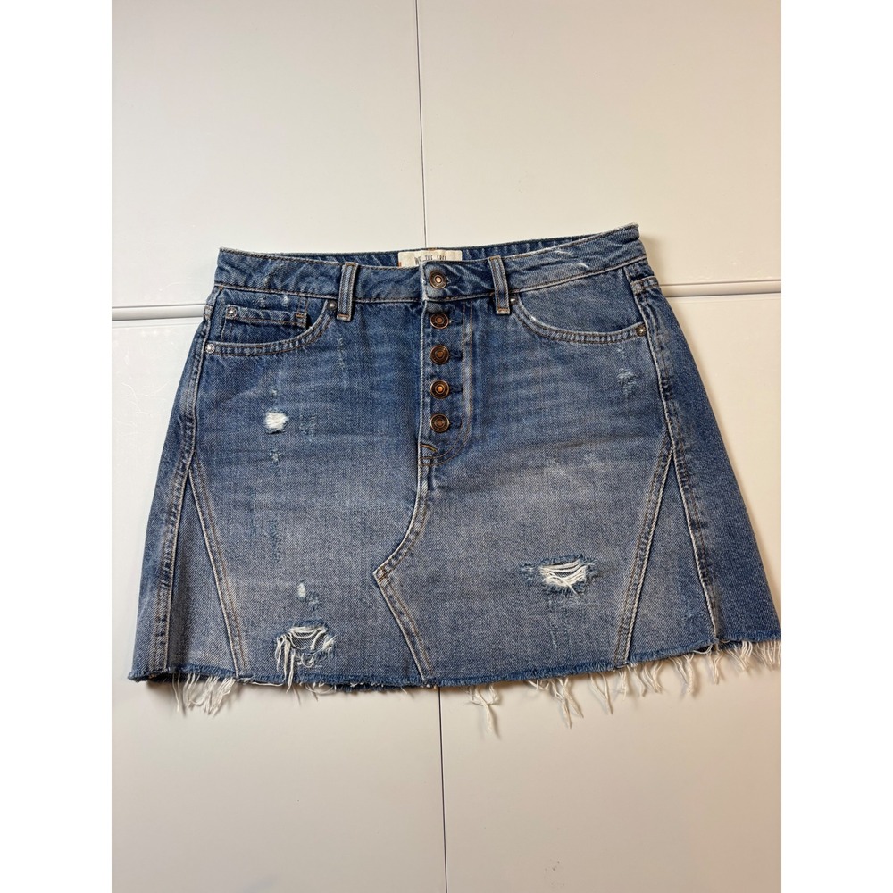 We The Free Denim Skirt Women 28 Blue Distressed Raw Hem Button Fly Mini